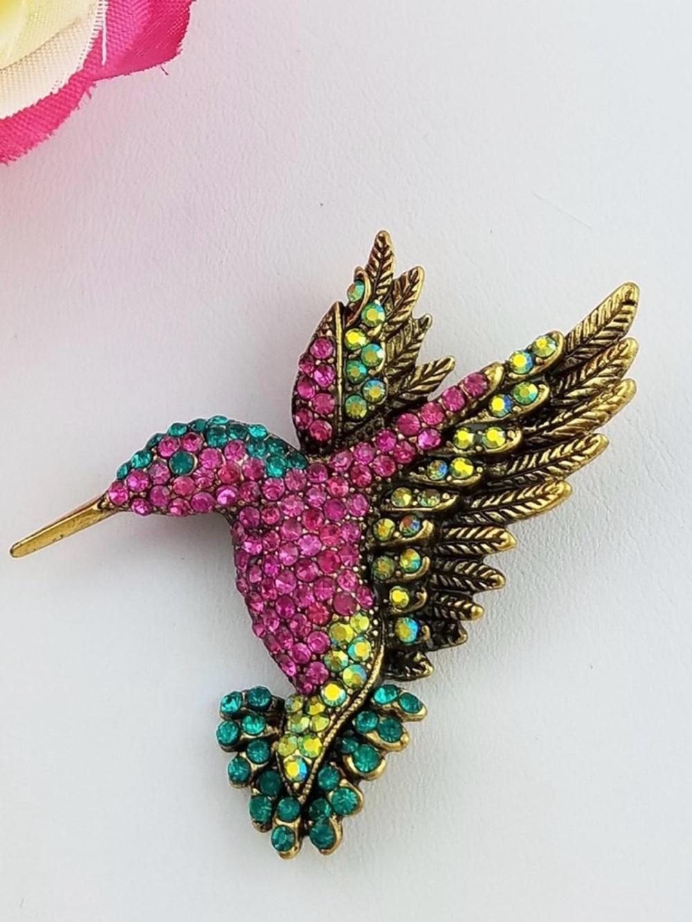 Vintage-Style Hummingbird Crystal Brooch - Pink & Teal - Picture 2 of 3